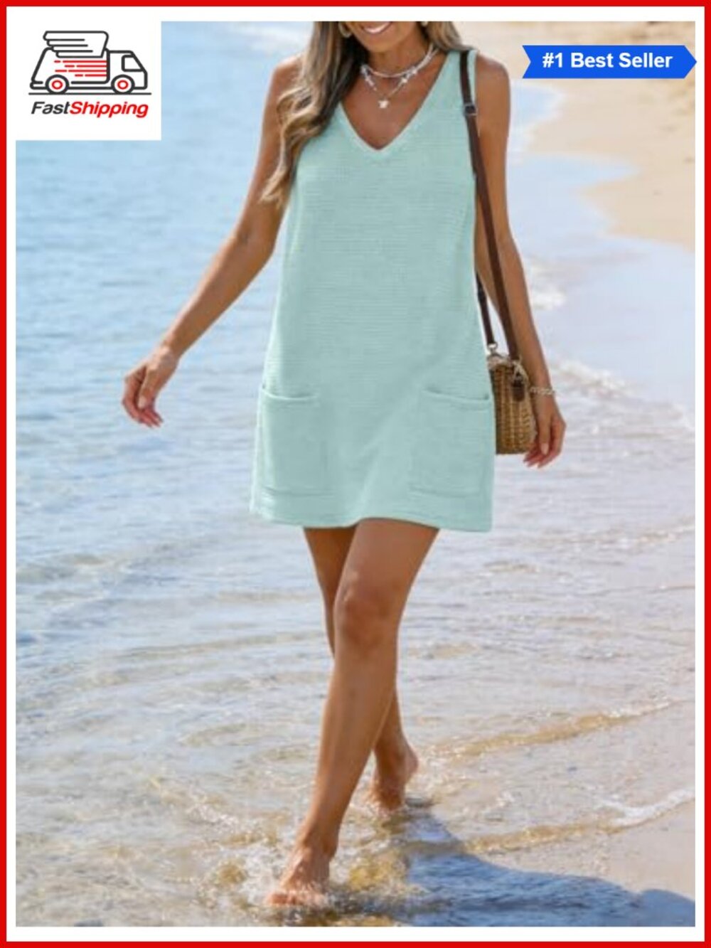 ✨ Womens Waffle Knit Swimsuit Cover Up V Neck Beach Dress Sleeveless - Picture 5 of 6
